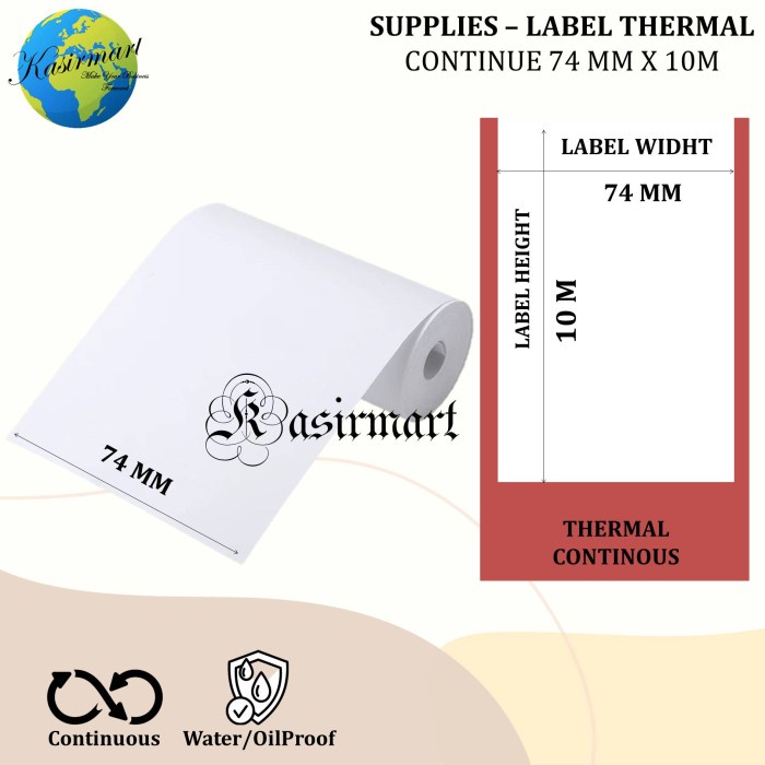 Kertas Label Stiker Thermal 74x10 Meter Continouos - Cetak Resi Sticker Printer 80MM Portable 74X10m