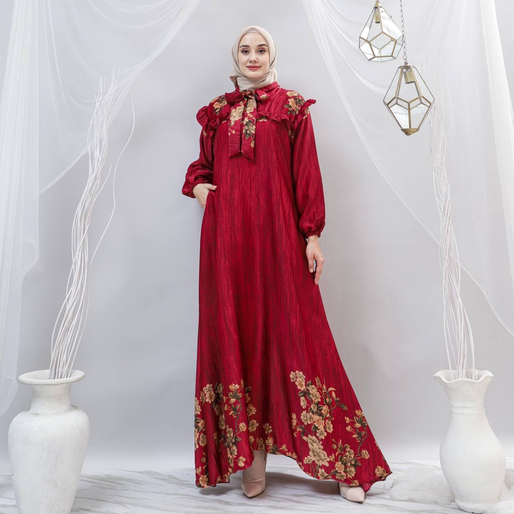 Ulya Dress - Gamis Terbaru Diora Silk Dress Wanita Lengan Panjang Ruffle Maxidress Kekinian LD 110 cm