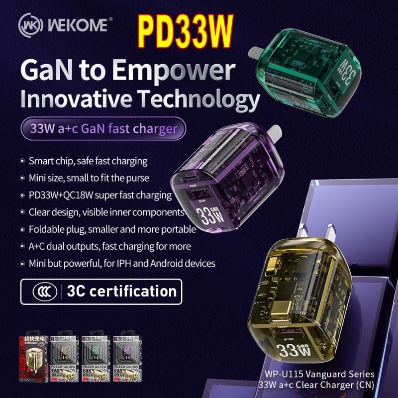 Wekome Pioneer 33W Gallium Nitride Transparan Punk Mech A+C Charger Medium Gauge PD20W Kepala Pengisian Sangat Cepat