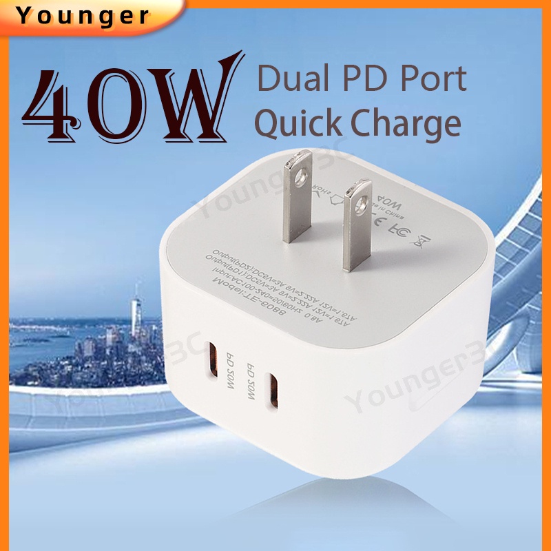 40w PD Dual Line Fast Charging Charger Handphone Tipe C PD Dual Port Flash Charging Travel Adapter Untuk ios Android Tipe C