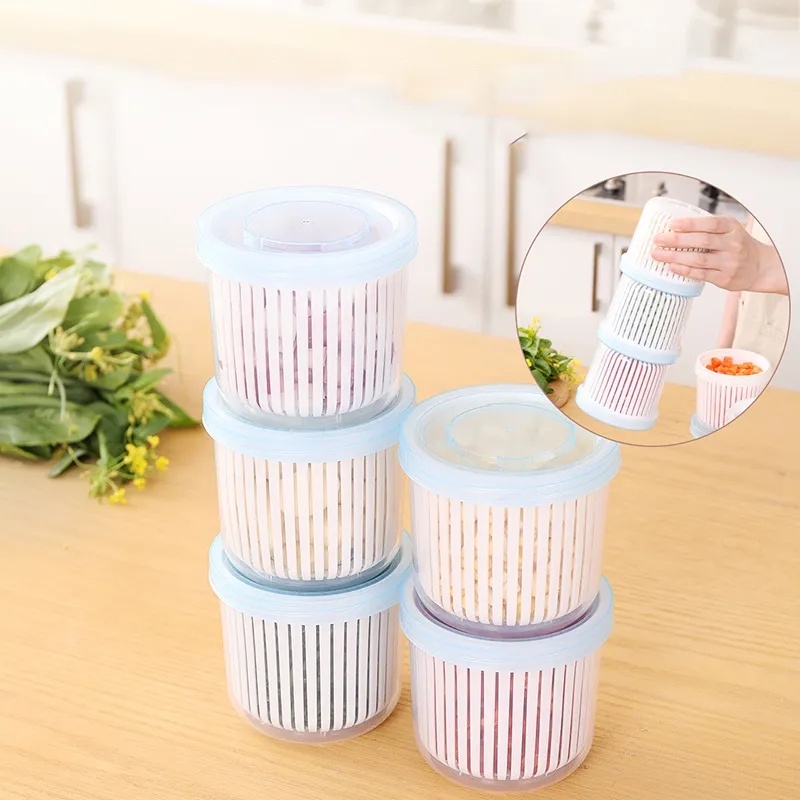 Double Layer Vegetables Sealed Keeper Fresh/Kotak Penyimpanan Dengan Keranjang Tiris Pemakaian Kulkas/Wadah Saringan Tiris