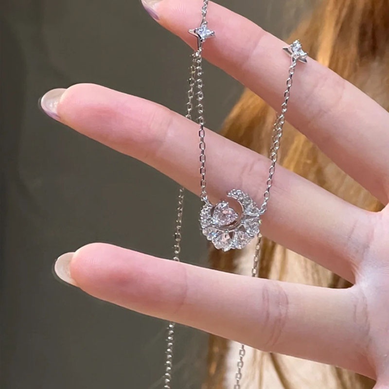Kalung Geometris Bulan Hati Kristal Fashion Alloy Untuk Wanita