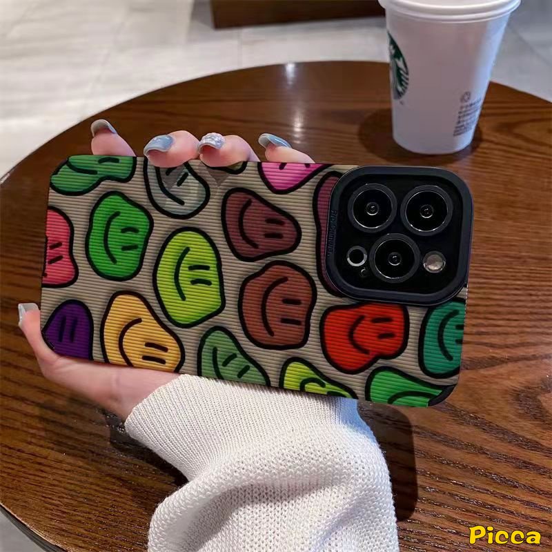 Casing Ponsel Tekstur Kulit Mewah Kompatibel Untuk IPhone 7Plus 11 14 12 13 Pro MAX XR 7 8 Plus X XS MAX Graffiti Kartun Smiley Warna-Warni Lembut Shockproof Silicon Cover