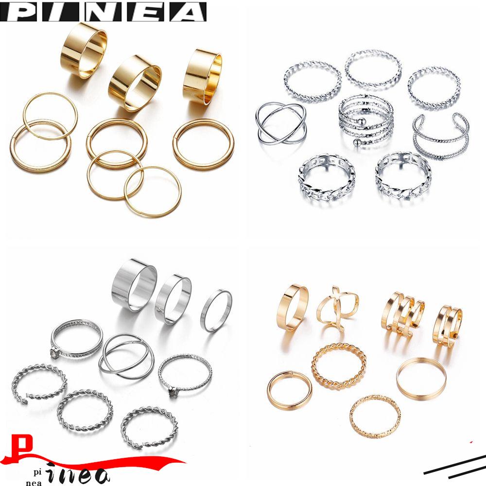 Cincin Nanas set Vintage Hollow Emas/Perak Geometris Midi Knuckle