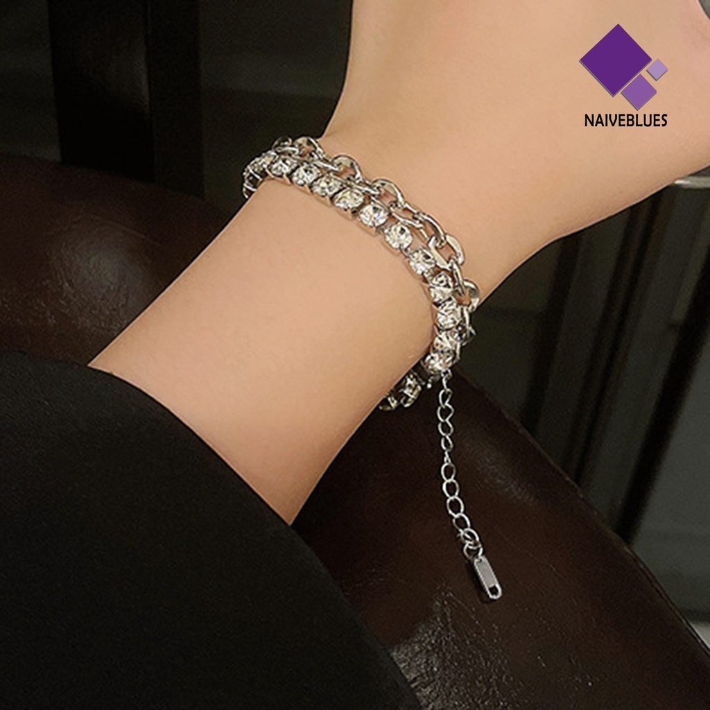 &lt; Naiveblues &gt; Gelang Wanita Kepribadian Adjustable Double Layer Cubic Zirconia Electroplating Anti Karat Tarnish Dainty