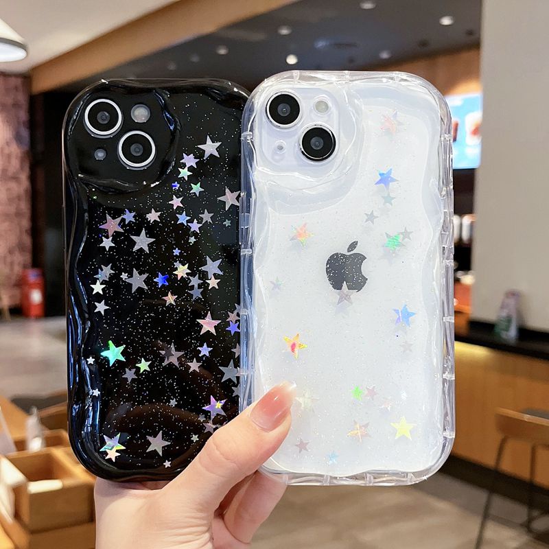 【Cream Edge】Sparkly Five-pointed Star Silicone Soft Case for IPhone 7 8 Plus X XS XR XS Max 11 13 12 14 PRO Max 14 Plus SE 2020 2022 Clear Phone Case for Girl Women Gift