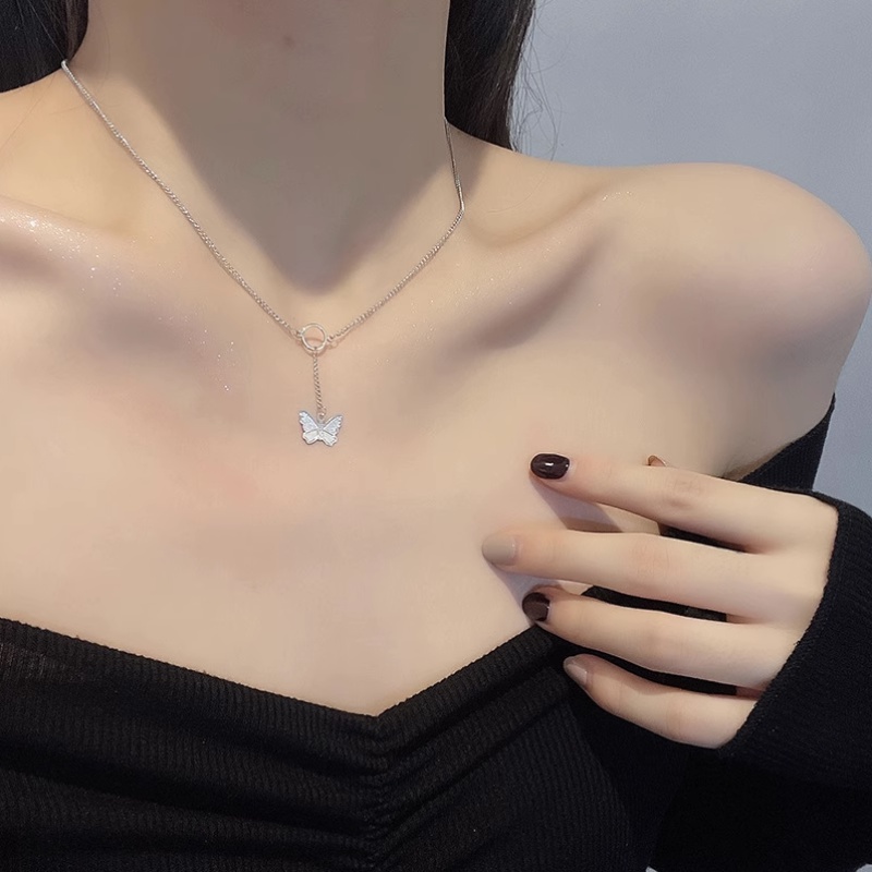 We Flower Kalung Rantai Rumbai Liontin Kupu-Kupu Warna Silver Gaya Korea Untuk Wanita