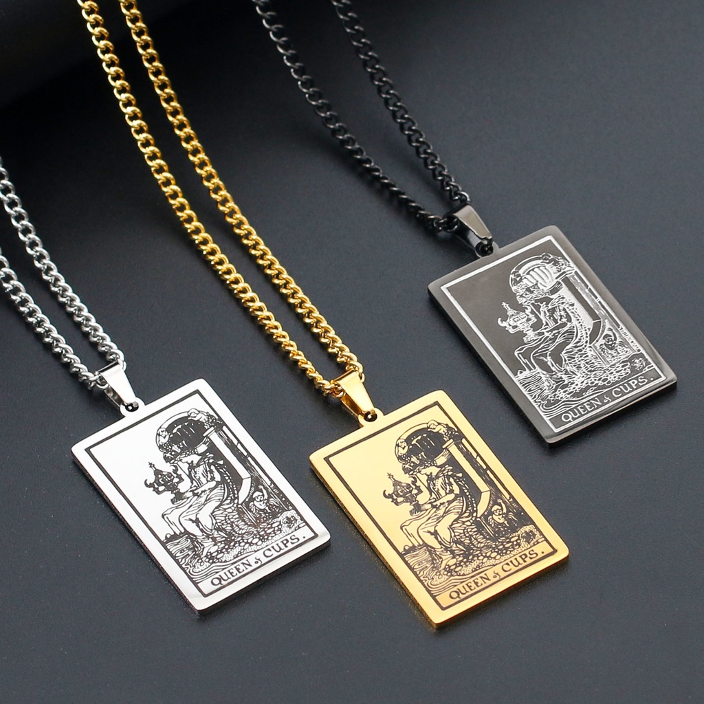 [X C Kalung] Emas &amp; Perak Baru Hip-hop Punk Retro Waite Holy Grail Tarot Queen ​​Kalung titanium Steel Liontin Anti Karat Untuk Pria Dan Wanita Hadiah Liburan Permata