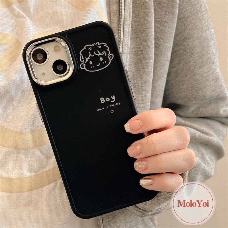 IPHONE Bingkai Lensa Logam Plating Mewah Kartun Lovers Case Kompatibel Untuk Iphone11 7 8 Plus 14 13 12 Pro MAX X XR XS MAX 7plus 8plus Pasangan Lucu Cowok Cewek Lembut Penutup Belakang