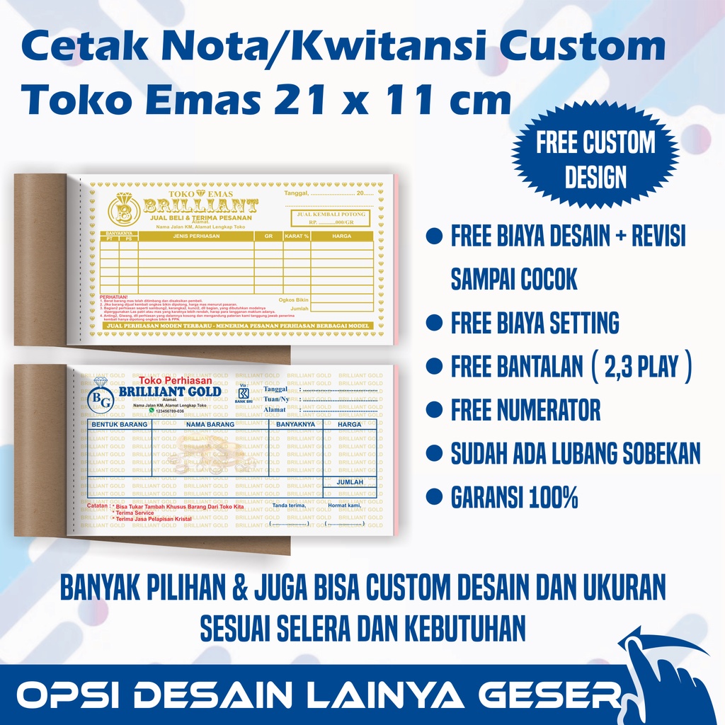 

NOTA/KWITANSI TOKO EMAS CUSTOM, UKURAN 21X11CM, SURAT JALAN DLL