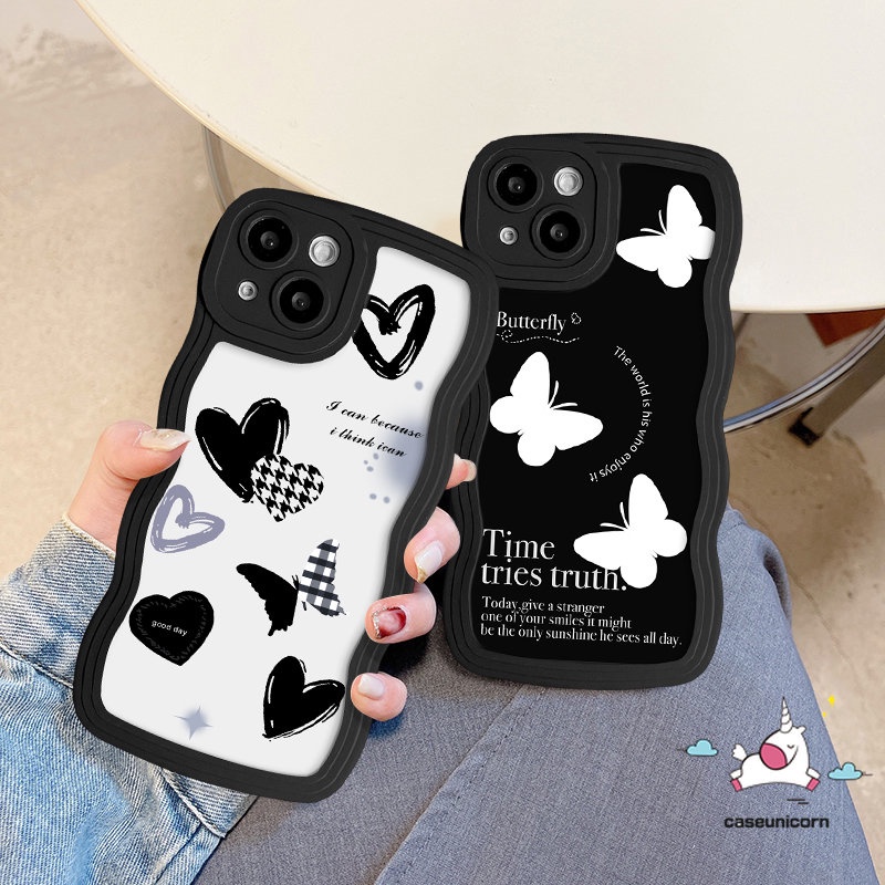 IPHONE Fashion Cinta Hati Fantasi Butterfly Phone Case Kompatibel Untuk Iphone11 14 13 12 Pro Max 6s 6 14 Plus 7Plus XR 7 8 Plus X XS Max SE 2020 Lembut Tpu Hitam Bergelombang Penutup Tepi