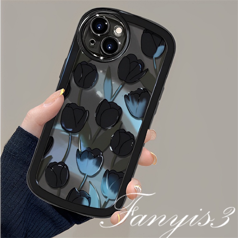 Compatible For iPhone 14 13 12 11 Pro Max X XR Xs Max 8 7 6 6s Plus SE 2020 Kompatibel Untuk Dark Black Tulip Phone Case Soft TPU Cover Ada Rantai