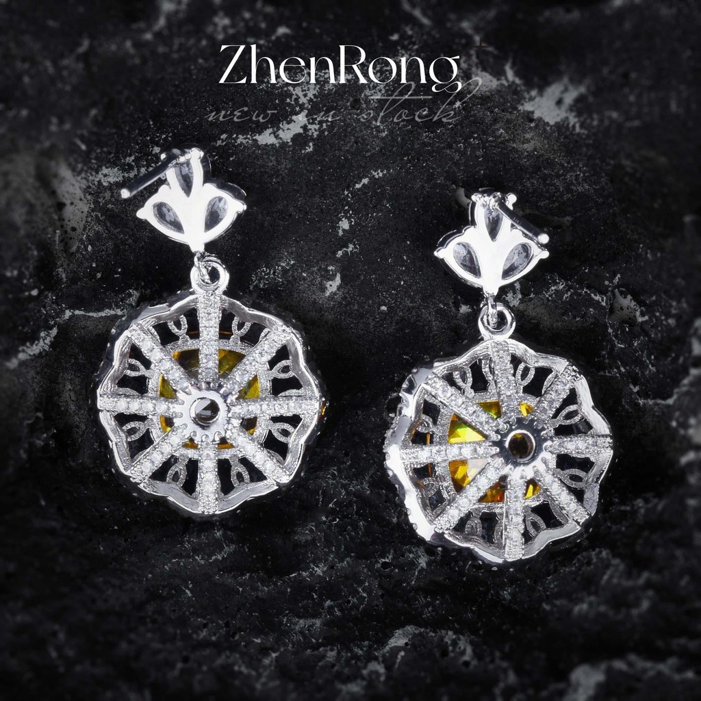 Goldkingdom Fashion Perhiasan Aksesoris Ready Stock Sterling Silver Mewah Batu Permata Berlian Kuning Kalung Wanita Liontin Stud Anting Cincin Set