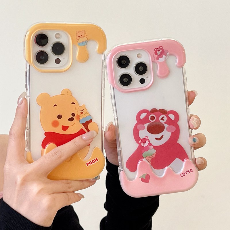 【3D Ice Cream】Strawberry Bear Summer 3D Soft Case IPhone XR XS Max 11 12 13 14 Pro Max 14 Plus for Women Girl Gift Cartoon Lovely Winnie the pooth Bear