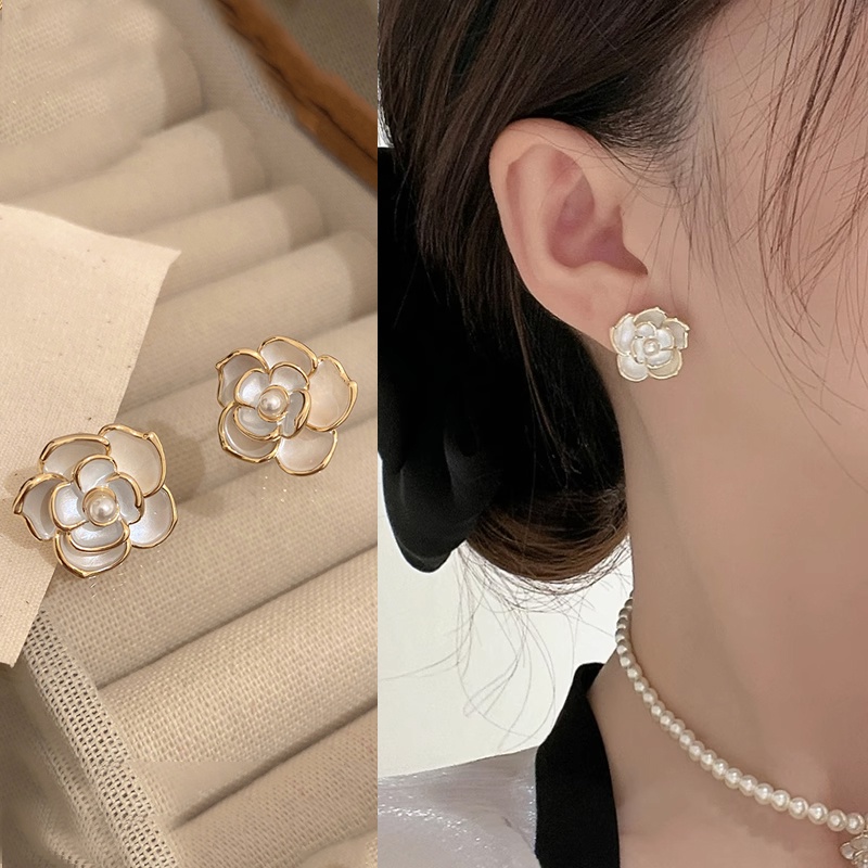 Anting Camelia Antik Mewah Tinggi S925 Sterling Silver Enamel Earrings Ear Studs Untuk Lady Perempuan