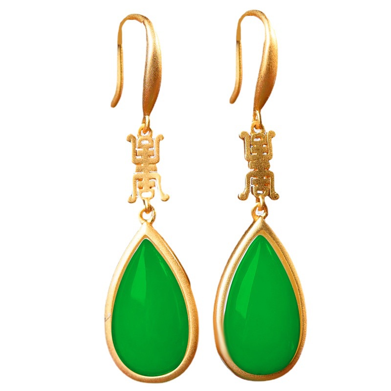 Goldkingdom Fashion Perhiasan Aksesoris Ready Stock Hotan Jade Earrings Wanita Giok Putih Anting Tetesan Air Istana Emas Kuno Earrings Jewelry