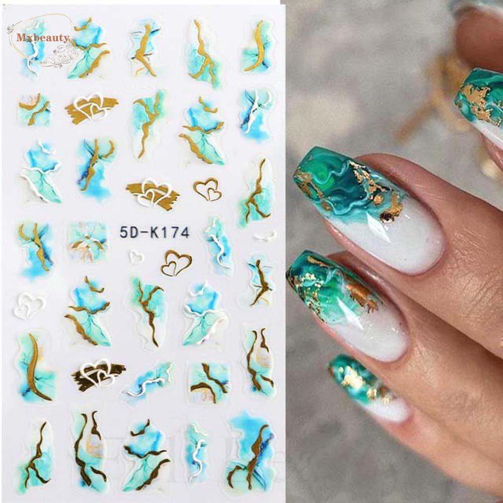 Mxbeauty Marbling Stiker Kuku 5D Relief Warna Emas Sisi Manikur Aksesoris Self Adhesive Nail Art Dekorasi