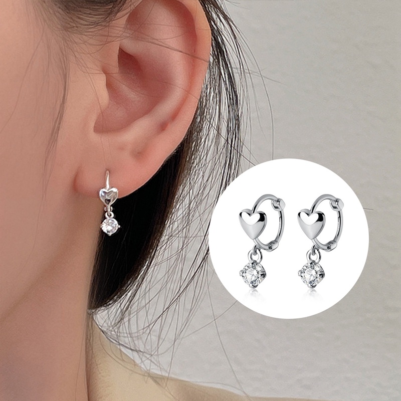 Anenjery Warna Silver Tembaga Zirkon Rumbai Cinta Hati Anting Hoop Untuk Wanita Halus Manis Pesta Perhiasan Hadiah