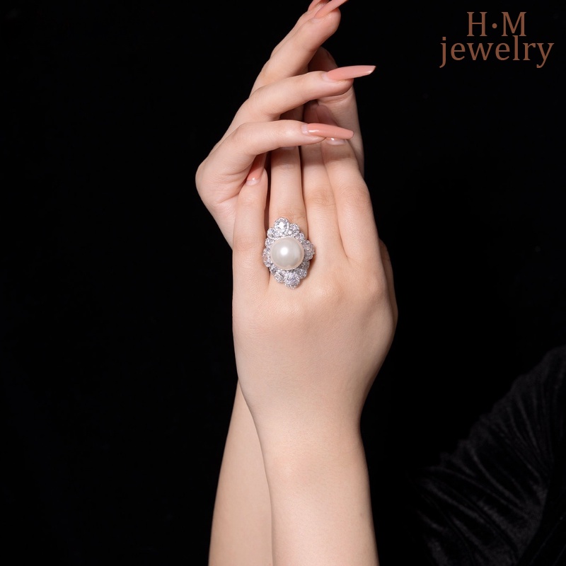 Cincin S925 Silver Mutiara Fritillary Buatan Mewah All-Match Mulut Terbuka Perempuan Satu Gaya Untuk Dual-Wear