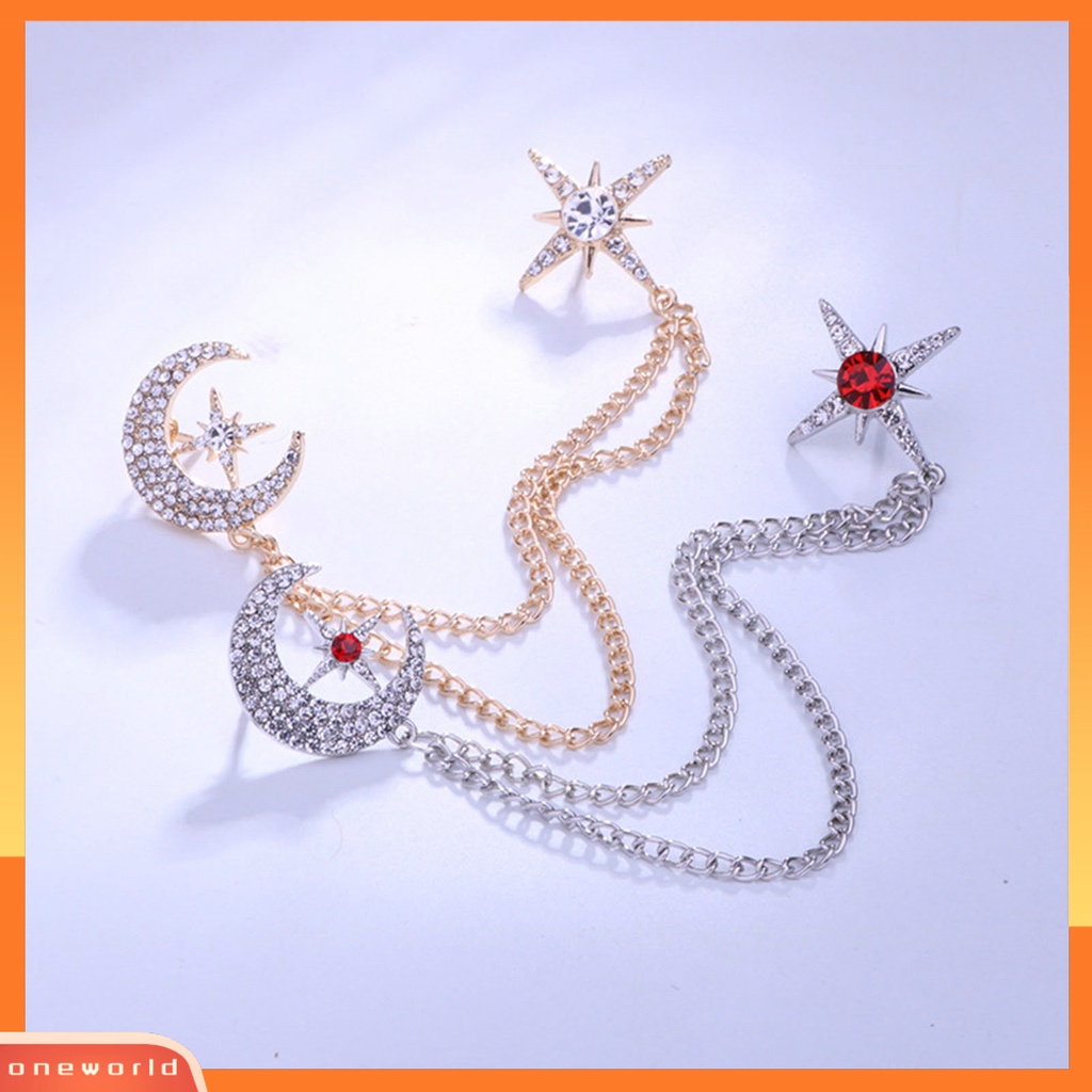 [ONE] Bros Bulan Bintang Mempesona Berlian Imitasi Bertatahkan Rantai Gantung Elegan Pria Wanita Bisnis Jas Kerah Lapel Pin Fashion Perhiasan