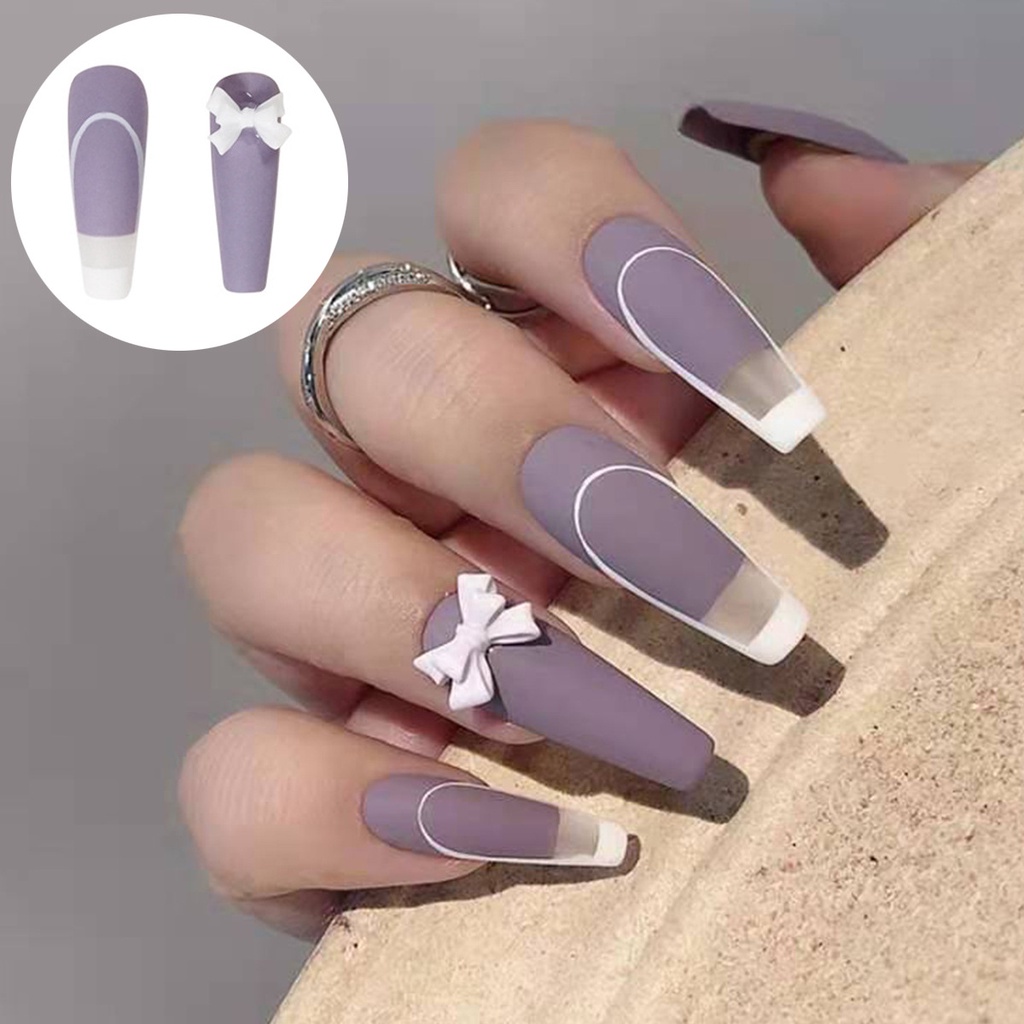 Gaya Baru Kuku Balet Panjang Memakai Paku Lem Gaya Ungu Kuku Palsu French Butterfly Wear nails nails