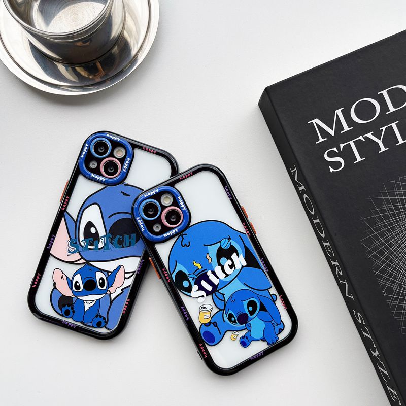 All New Cream Non-slip Camera Protect Soft Case IPhone X XR XS Max 11 12 13 14 Pro Max Women Girl Pretty Cute Blue STITCH Cartoon Phone Case