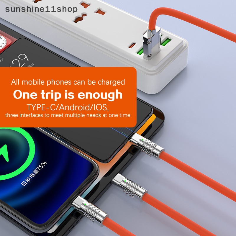 Sho Menebal 3in1 120W USB Fast Charger Cable Untuk Micro USB Type-C Charging Cable Dengan Lampu Untuk Huawei Samsung Xiaomi Data Line N