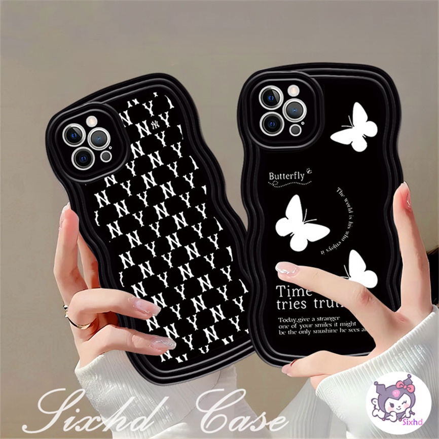 IPHONE Kompatibel Untuk Iphone14 13 12 11 Pro Max SE 2020 X XR Xs Max7 8 6 6s Plus Wave Edge Fashion Hitam Kupu-Kupu Lembut Casing Ponsel Shockproof Case Clear Cover