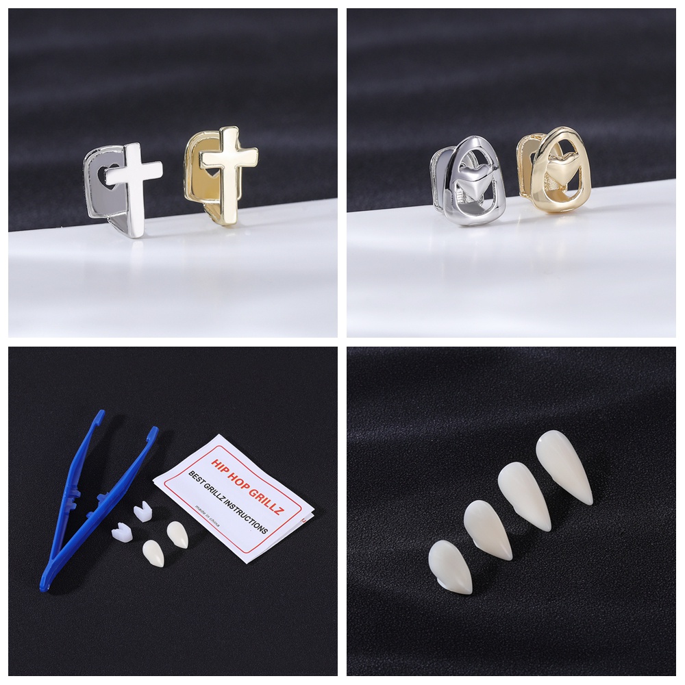 1pc/1 Pasang Rock Hip Hop Behel Lapis Emas Cross Grills Tooth Hollow Single Grillz Tooth Cap Behel Berlian Imitasi Klip Gigi