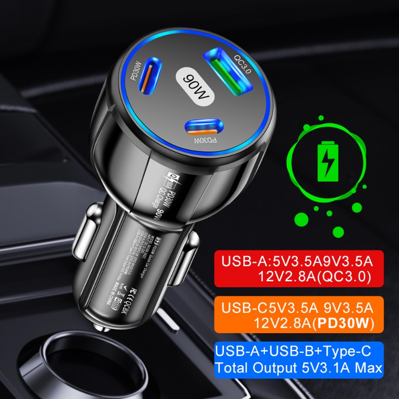 3-in-1 90W Charger Mobil 3port USB +2PD Tipe C Pengisian Cepat QC3.0 Adaptor Telepon Charge Aksesoris Otomatis