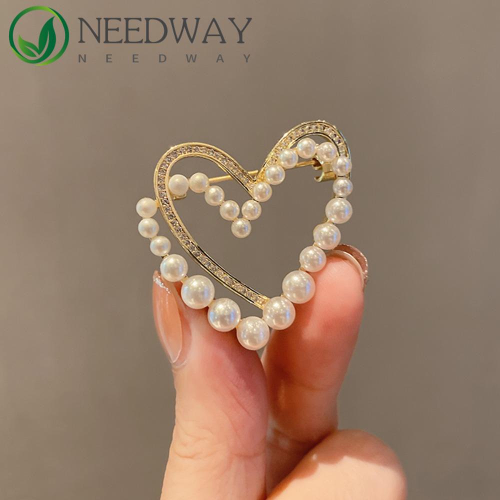 Needway   Bentuk Hati Pin Temperamen Vintage Mutiara Bros Mewah Elegan Perhiasan Jas Aksesoris