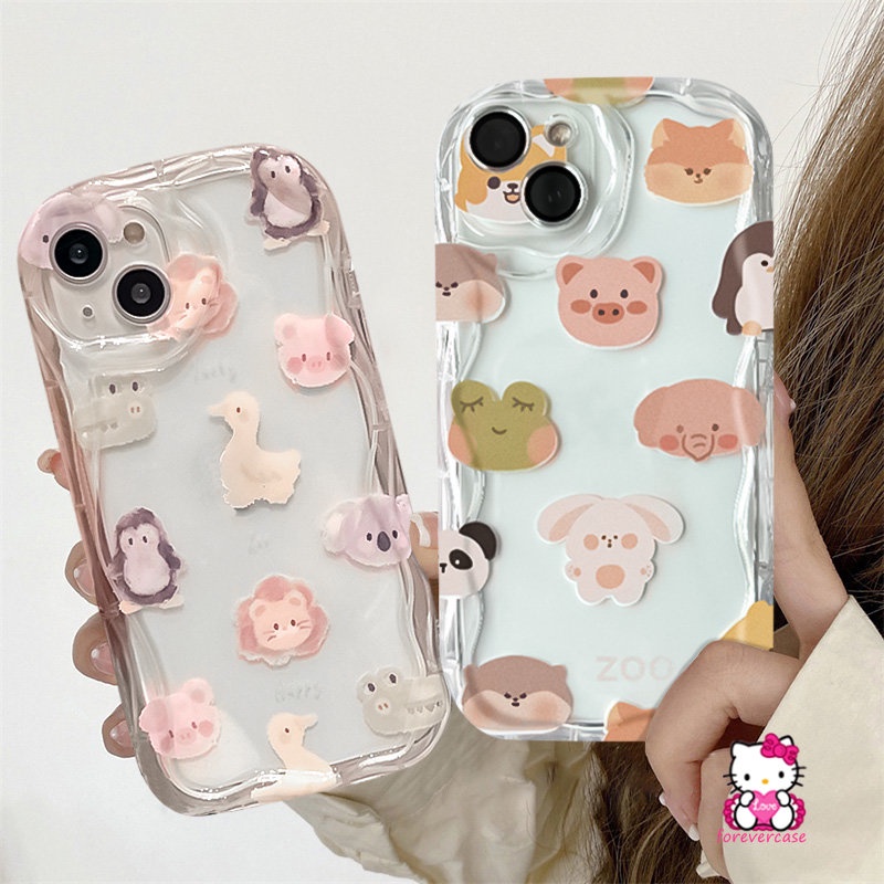 IPHONE 3d Wavy Curved Edge Soft Tpu Cute Bear Case Kompatibel Untuk Iphone11 13 12 14 Pro Max XR XS X Max8 7 Plus 6 6s Plus SE 2020kartun Friendly Animal Family Fun Head Cover