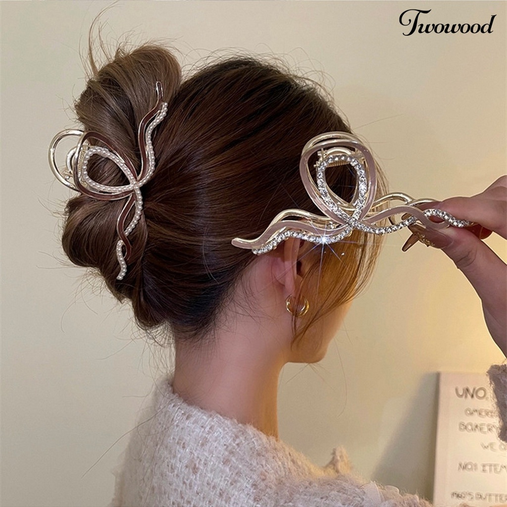 Twowood Wanita Cakar Rambut Bentuk Gelombang Pegangan Kuat Non-slip Stabil Berongga Keluar Hiasan Rambut Berlian Imitasi Mutiara Imitasi Lady Hair Gripper Aksesoris Rambut