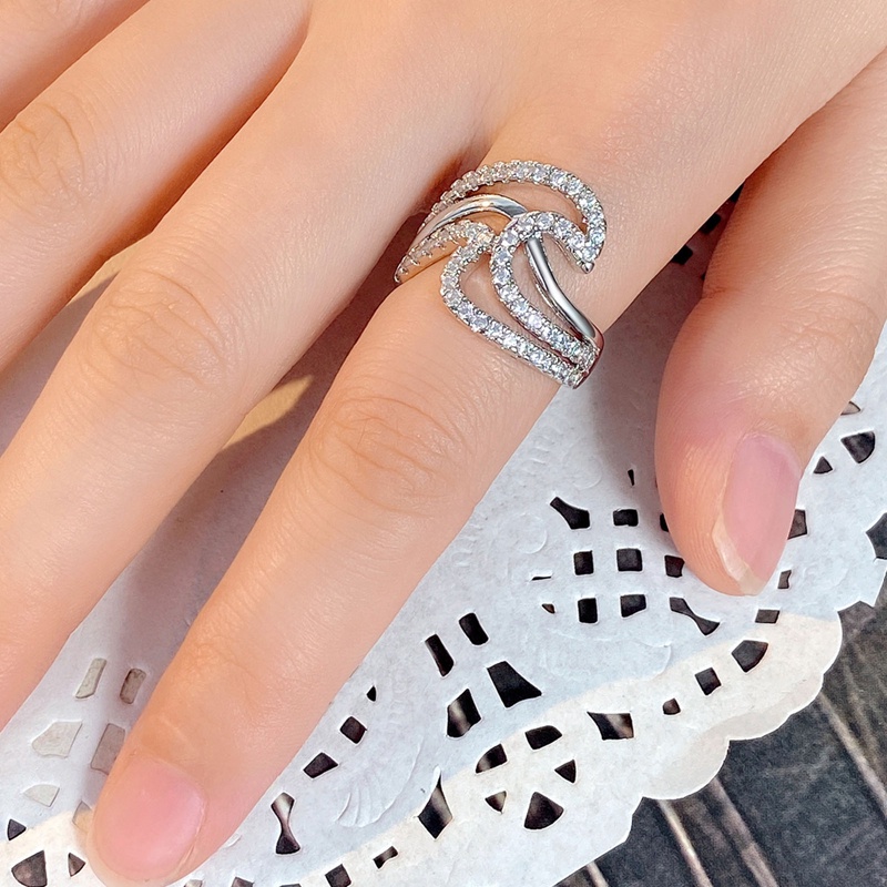 Desain Gelombang Cincin Jari Wanita Warna Perak Kualitas Bagus Cubic Zirconia Rings Wedding Band Perhiasan Trendi Baru