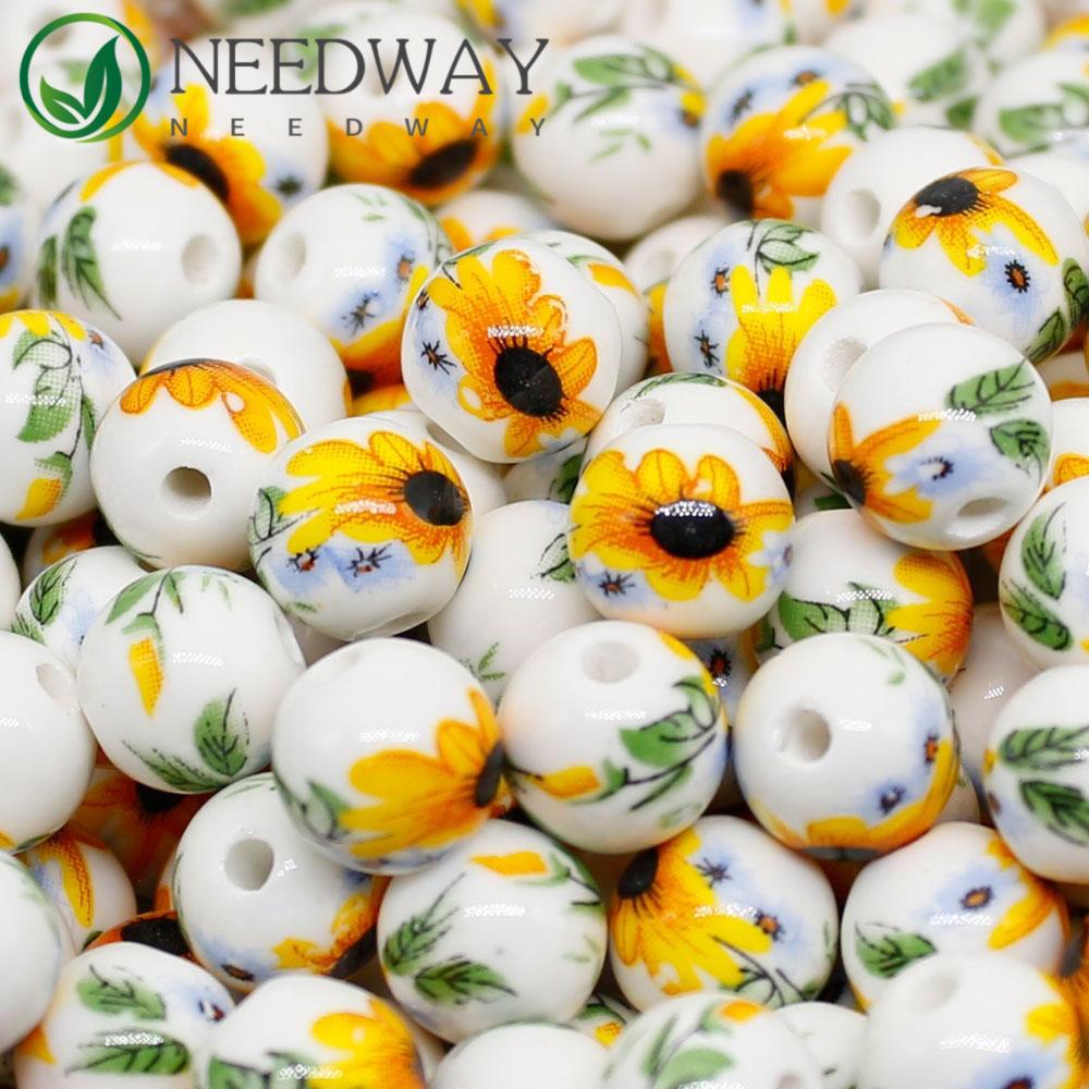 Needway   Manik-Manik Keramik DIY Bulat 10mm 10PCS Untuk Kalung Gelang Temuan Bunga Matahari