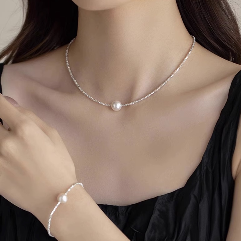 Papaozhu Korea S925 Perak Bersinar Paillette Kecil Mutiara Liontin Kalung Untuk Wanita Perempuan Halus Mungil Berkilauan Choker Kalung Trendi Tulang Selangka Rantai Perhiasan Hadiah