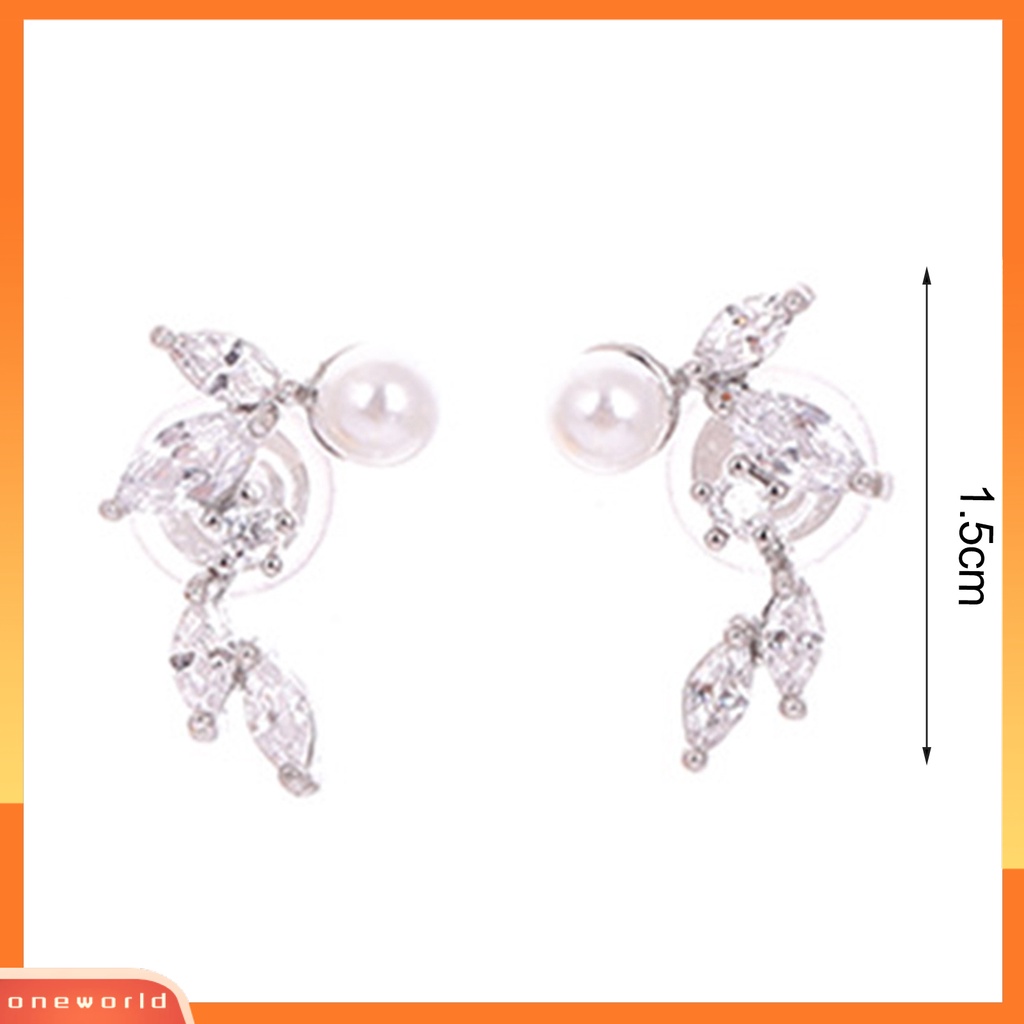 [WOD] 1pasang Anting Wanita Bentuk Daun Hias Indah Tahan Lama Portabel Mengkilap Cubic Zirconia Mutiara Imitasi Great Lengket Ear Stud Gift