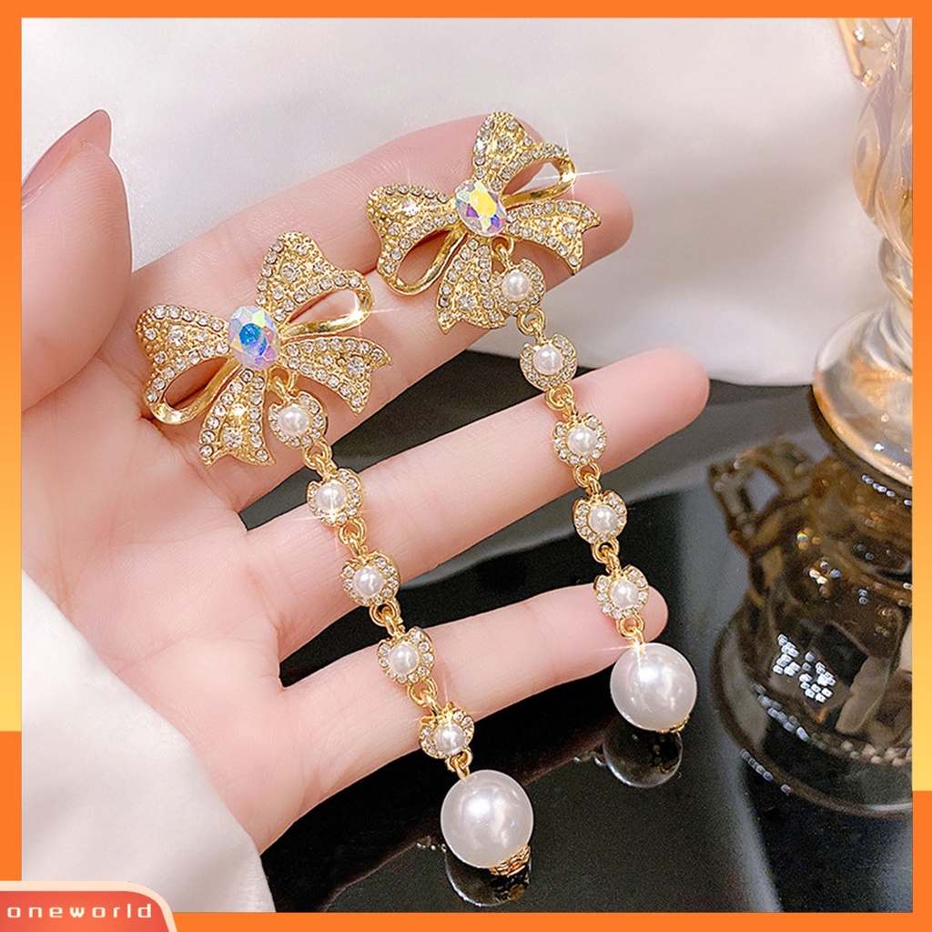 [WOD] 1pasang Anting Wanita Berlian Imitasi Mutiara Aksesori Panjang Lady Drop Earrings Untuk Pesta