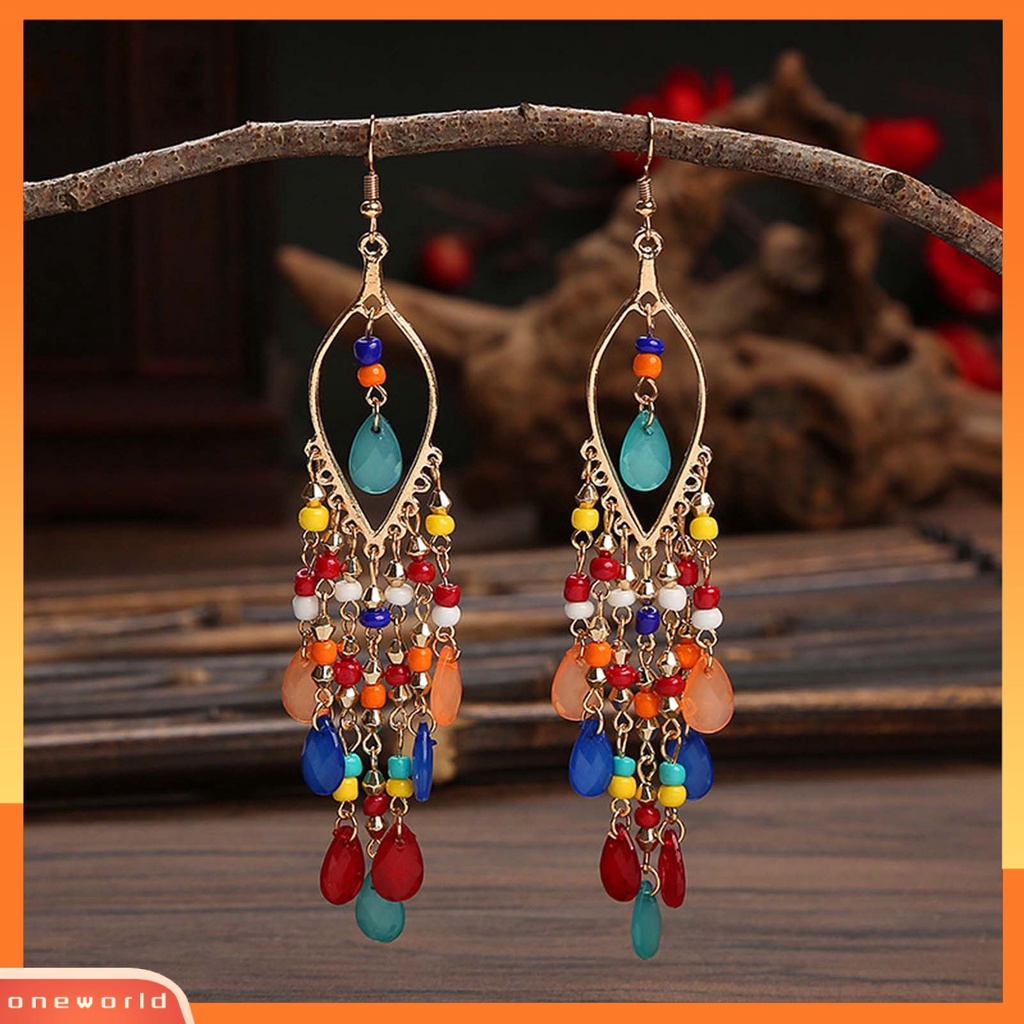 [WOD] 1pasang Anting Menjuntai Menawan Gaya Etnik Alloy Hollow Beads Rumbai Wanita Earrings Untuk Pesta