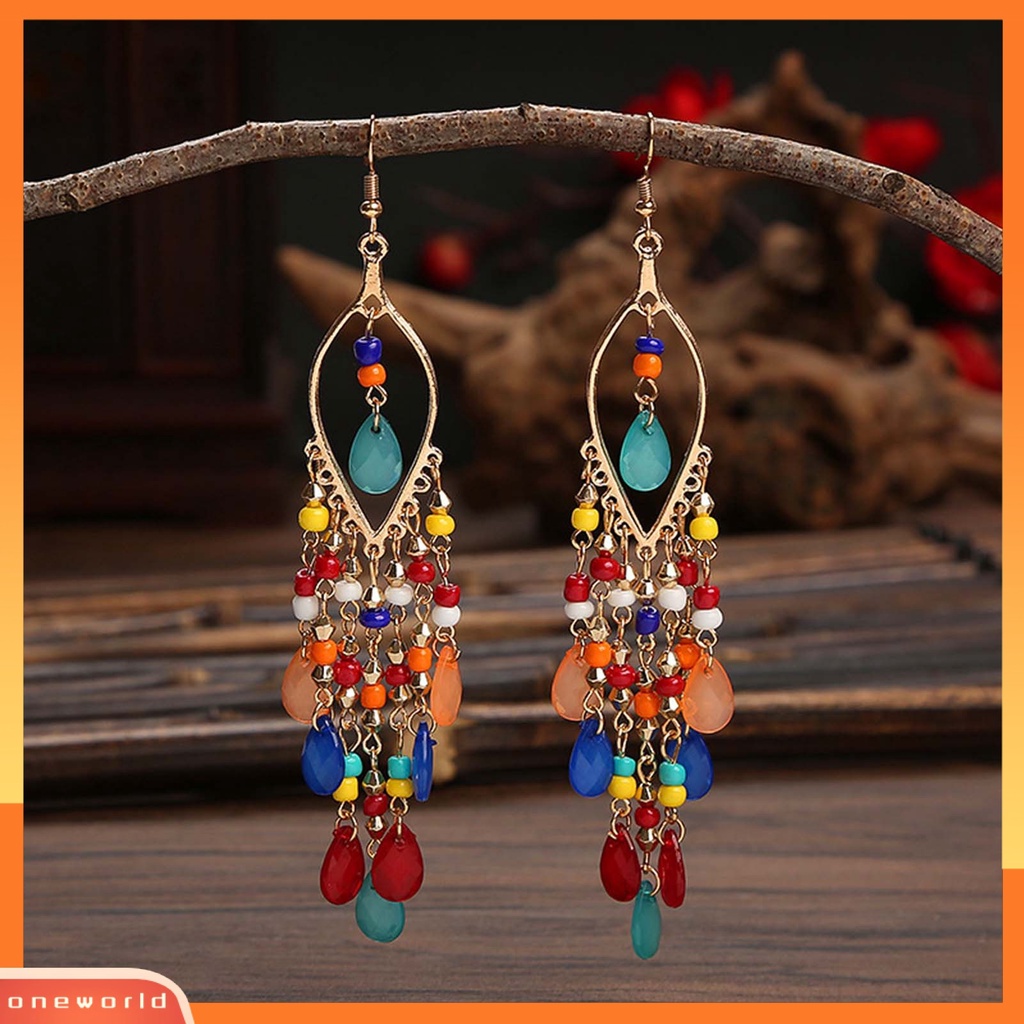 [WOD] 1pasang Anting Menjuntai Menawan Gaya Etnik Alloy Hollow Beads Rumbai Wanita Earrings Untuk Pesta