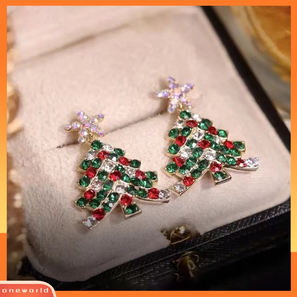 [WOD] 1pasang Wanita Anting Natal High-end Mengkilap Cubic Zirconia Bentuk Pohon Natal Stainless Kaya Warna Menghias Telinga Indah Bentuk Bunga Lady Gantung Anting Hadiah