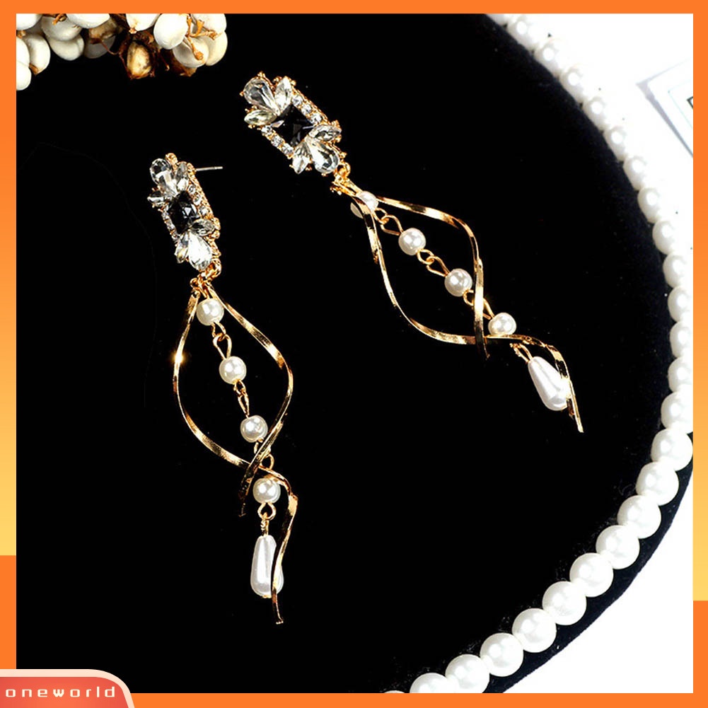 [WOD] Lady Mutiara Imitasi Berlian Imitasi Memutar Rumbai Panjang Menjuntai Ear Stud Earrings Jewelry