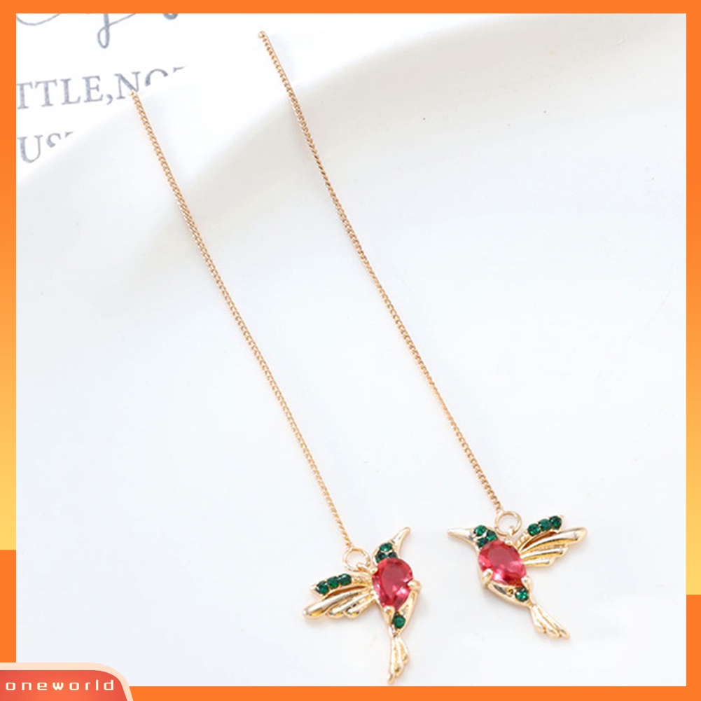 [WOD] Wanita Desain Hummingbird Berlian Imitasi Dekorasi Ear Stud Panjang Rumbai Menjuntai Anting-Anting