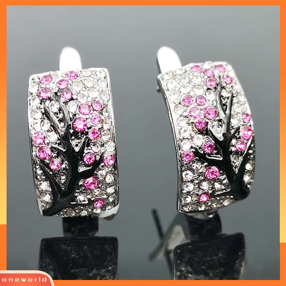 [WOD] Lady Shiny Plum Blossom Cabang Penuh Berlian Imitasi Bertatahkan Melengkung Anting-Anting Persegi Panjang