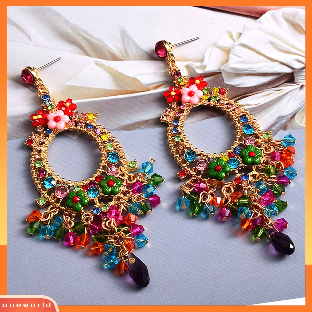 [WOD] 1pasang Anting Menjuntai Cantik Rumbai Manik Bunga Bohemian Warna-Warni Berlian Imitasi Drop Earrings Untuk Pacaran