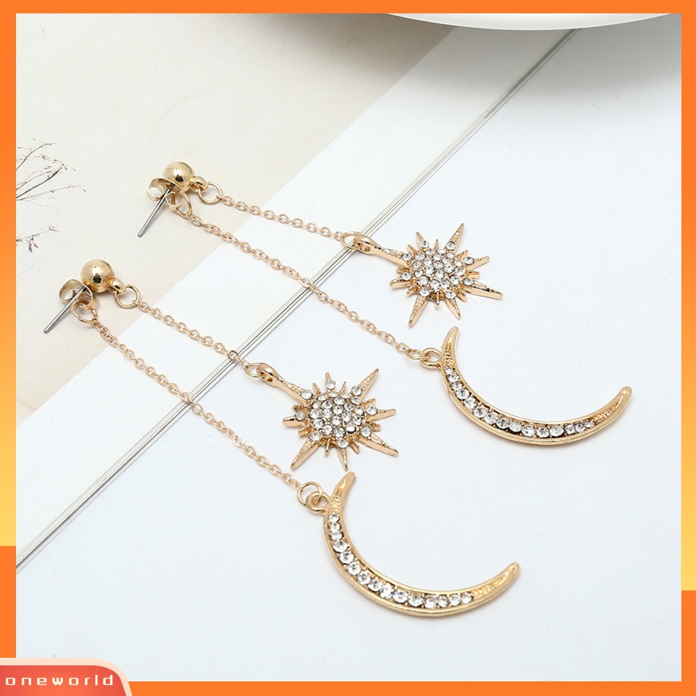 [WOD] Fashion Berlian Imitasi Bintang Bulan Sabit Menjuntai Panjang Drop Anting-Anting Wanita Perhiasan