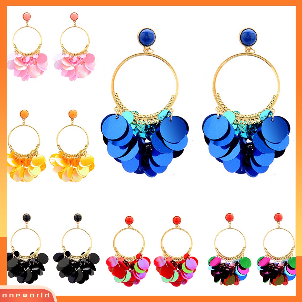 [WOD] Bohemian Wanita Paillette Cluster Jumbai Hoop Menjuntai Stud Earrings Club Jewelry