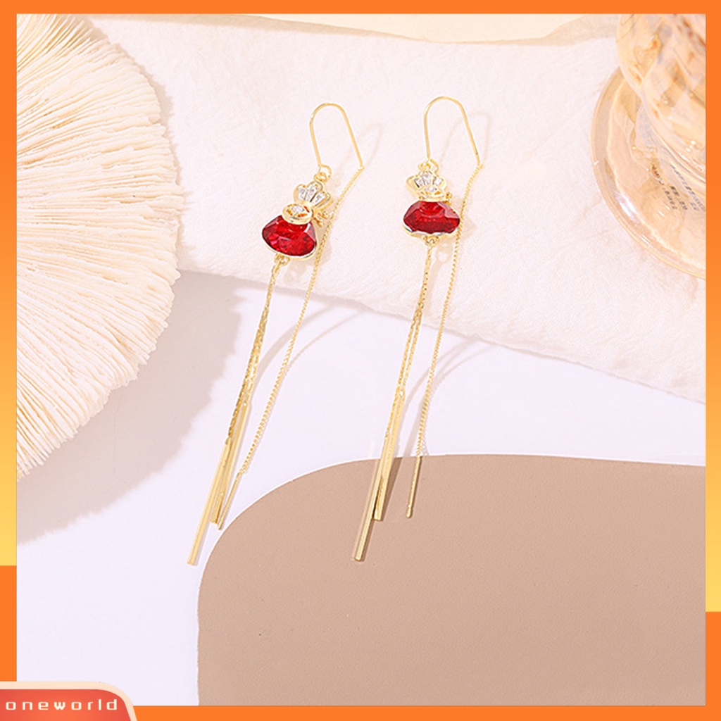 [WOD] 1pasang Anting Garis Telinga Tas Uang Rhinestones Perhiasan Merah Gaya Korea Anting Menjuntai Untuk Pernikahan