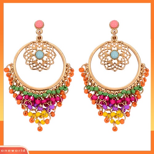 [WOD] Wanita Gaya Boho Warna-Warni Ukiran Berongga Telinga Drop Menjuntai Beads Piercing Earrings