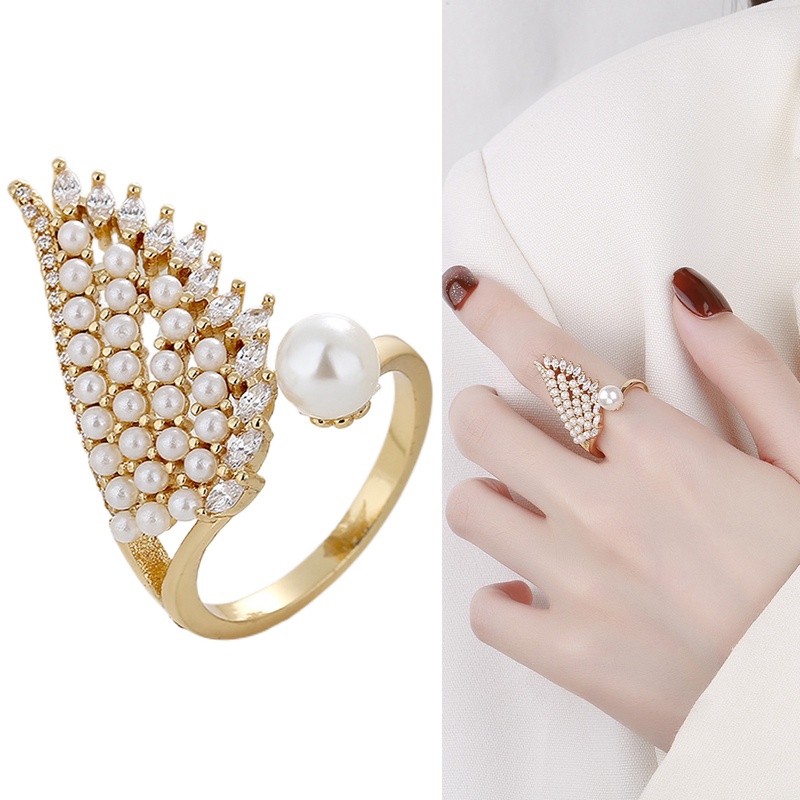 Cincin Sayap Geometris Untuk Wanita Bijoux Terbuka Mutiara Kristal Rings Aksesoris Perhiasan Pesta